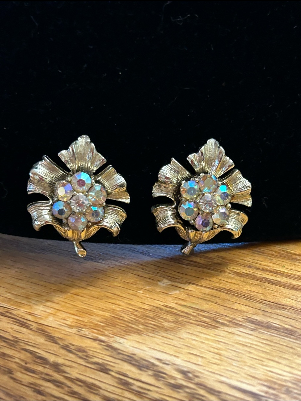 Vintage CORO Gold Floral Aurora Borealis Crystal Clip-On Earrings